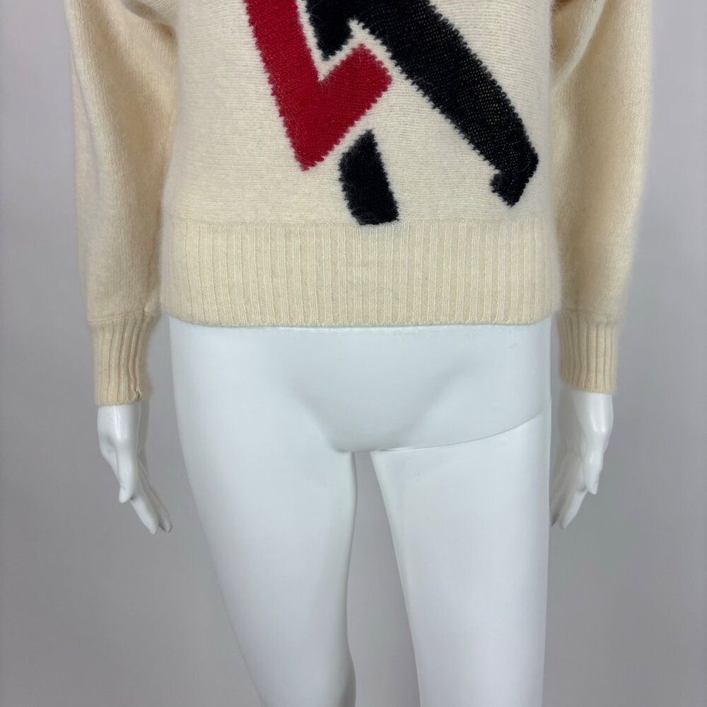 Vintage 80s Wool Sweater Women's Medium Angora Geometric Red Black Cream - Picture 6 of 9